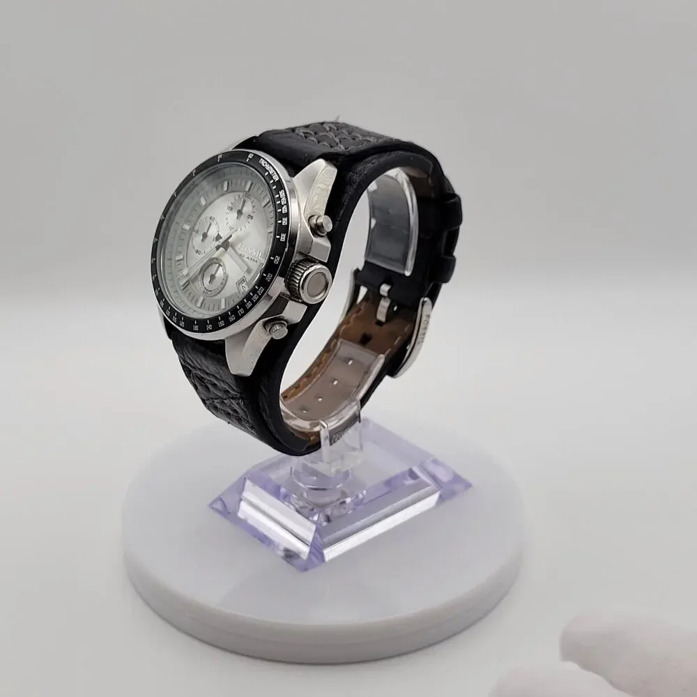 Mens Fossil Chronograph Silver Dial 10 ATM Quartz Watch Black Leather Cuff Strap